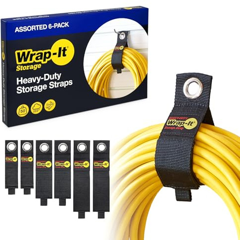 Heavy-Duty Wrap-It Storage Straps (Assorted 6 Pack) - Garage Storage Extension Cord Management Cable Straps for RV Accessories and Shed Organizer
