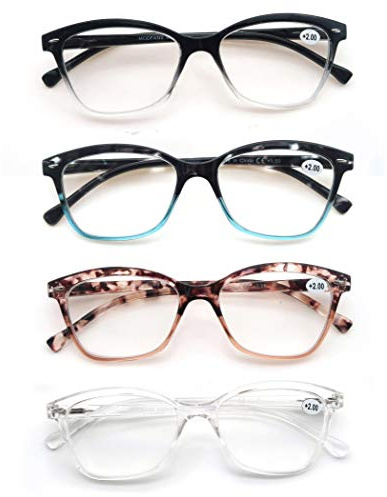 MODFANS Un Pack de Cuatro Gafas de Lectura 4.0 para Mujeres - Gafas para Presbicia,Buena Vision Ligeras Comodas,Vista de Cerca/Vista Cansada,Colores Negro-Azul-Rosa-Transparente