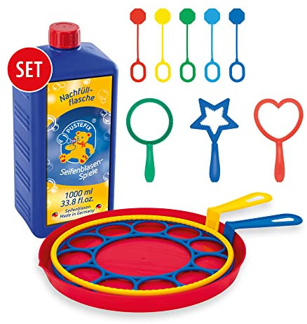 PUSTEFIX Seifenblasen Set für Kinder - 10 Blasringe + 1000 ml Seifenblasenwasser, Bunte Bubbles Made in Germany, Seifenblasen Spielzeug für Hochzeit, Kindergeburtstag, Polterabend