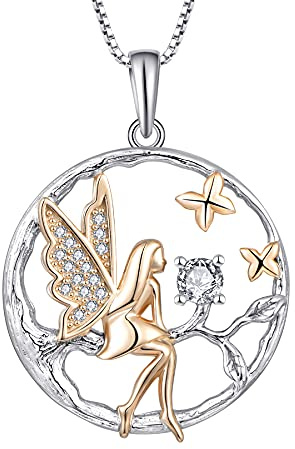 FJ Collar Ángel de la Guarda Plata de Ley 925 Colgante Árbol de la Vida Collar Hada Mariposa con Abril Piedra de Nacimiento Joyas Regalos para Mujer Niña