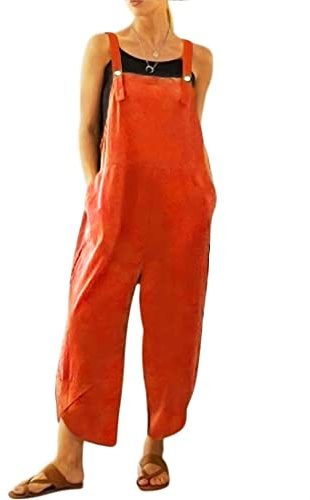 BRONG Kvinnors overaller ledig klädsel hängselbyxor mjukt bomullslinne dam jumpsuit säckig lekdräkt justerbara remmar med fickor, Orange, 5XL