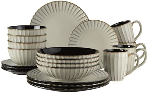 MÄSER 931963 Série Confino Service de table pour 4 personnes au look vintage moderne 20 pièces en céramique beige avec accents noirs