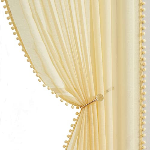 Pom Pom Yellow Sheer Curtains for Girls Children's Bedroom 54 Inch Pencil Pleat Tape Top Linen Texture Voile Curtains Light Filtering & Privacy Window Curtain Set for Basement Laundry 52 W 2 Panels