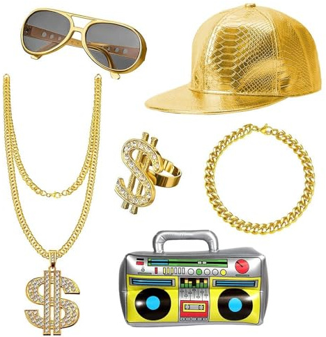 Kit de Disfraces de Hip Hop Collar Anillo y Pulsera con Signo de Dólar