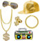 UBERMing Hip Hop Kostüm 6er Set Enthält Aufblasbare Radio Boombox Golden Baseball Cap Personalisiert Goldene Dollar Kette Brille Armband & Ring 80er 90er Jahr Rapper Zubehör für Fasching Karneval