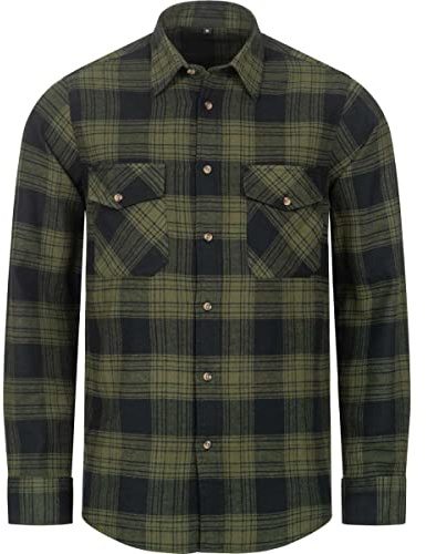 Safetytex Flanell Arbeitshemd - Holzfäller Hemd aus Baumwolle - Kariertes Flanellhemd - Langarm Karohemd - Oliv/schwarz kariert - Größe M