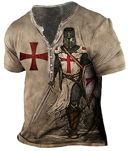 EVOHOUSE Camisetas con Estampado 3D de Caballero Templario para Hombre, Camiseta Henley desgastada de Manga Corta Vintage, Camiseta Deportiva Retro para Exteriores