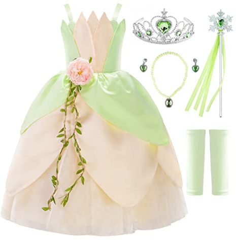 JerrisApparel Tiana Kostüm Mädchen Prinzessin Blume Karneval Verkleidung (130, Grün)