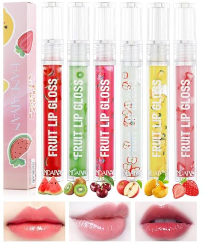 Skynest Feuchtigkeitsspendendes Lippenöl 6Pcs Transparent Roll-on Lippenöl Set Plumping Lippenöl Wassermelone Kiwi Fröhliche Apple Mango Erdbeer Frucht Aroma Hydrating Lippenöl Set für Lippenpflege