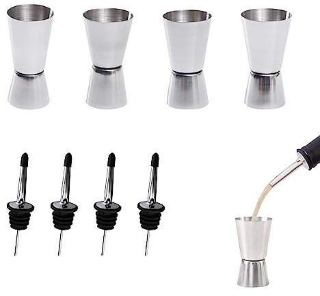 Kit de 4 Pcs Doseur Cocktail Doseurs à Alcool Double en Acier Inoxydable Mesure Gobelet Jigger Tasse avec 4 Becs Verseurs pour Cocktails Boissons Maison Shaker (Argent)