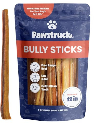 Pawstruck All-Natural 12 Bully Sticks for Dogs - Long Lasting, Rawhide-Free, Low Odor & Grain-Free Dental Chew Treat - Healthy Single Ingredient, 100% Real Beef - 1 lb Bag