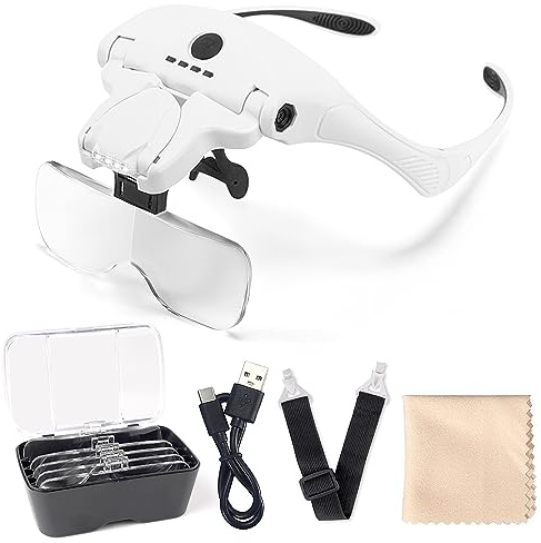 LED Head Magnifying Glass with Light, Rechargeable Hands Free Head Mount Magnifier with 4 LED Lights, Magnifying Glasses for Hobbies with 5 Detachable Lenses 1.0X 1.5X 2.0X 2.5X 3.5X