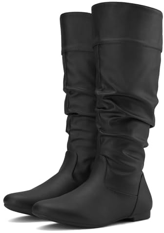 Rollda SUEDI Women's Slouchy Knee High Boots Pull On Flat Boots Side Zipper Fall Boots for Women