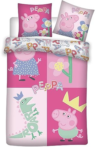 Peppa Pig Bettwäsche, 100 % Baumwolle, für Babybett, Bettbezug, Rosa, 100 x 135 cm + Kissenbezug 40 x 60 cm