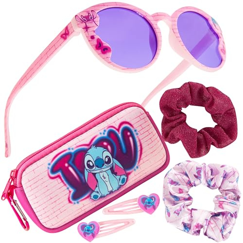 Disney Set de Gafas Sol Niña con Protección UV, Estuche y Accesorios para el Cabello - Regalos para Niñas (Rosa Stitch)