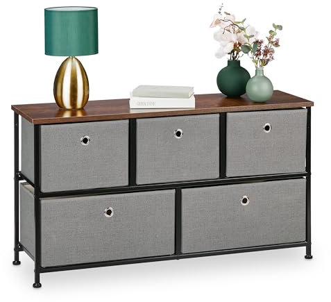 Relaxdays Kommode, HxBxT: 54,5 x 100 x 30 cm, Sideboard Stoff & Stahl, 5 Schubladen, Industrial Flurkommode, grau/braun