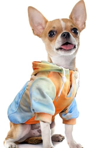 Eyein Hundehoodie für kleine mittlere und große Hunde, Warmer Flanell Hunde Kapuzenpulli mit Taschen und Leine Portal, Weiche Hundebekleidung für Frühling Herbst Winter (Orange-Blau Tie Dye, S)