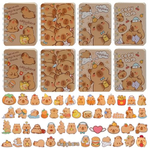A7 anteckningsbok, 8-pack små anteckningsböcker fickstorlek bärbar fodrad anteckningsbok 10 x 7,6 cm kontor skola kontorsmaterial söt Kawaii capybara anteckningsblock med 50 st härliga