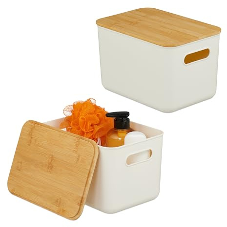 Relaxdays Aufbewahrungsbox, 2er Set, Deckel, Kunststoff, Bambus, Griff, HxBxT: 16 x 26 x 17,5 cm, Organizer, weiß/Natur