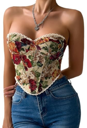 Shyllin Corset Mujer, Corpiños Mujer con Estampado Floral Retro Vintage, Corset Medieval Bustier Sexy, Corsé Medieval Elegante (FR/ES, Letras, S, Regular, Regular, Multicolor)