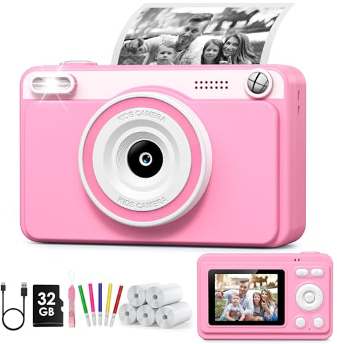 GREENKINDER Appareil Photo Instantané, 2.4 Écran Appareil Photo Enfant avec 32GB & 5 Rouleaux de Papier d'impression, Cadeau Jouet pour Enfant Garçons Filles 3-14 Ans