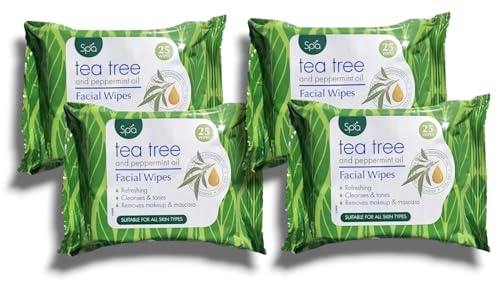 4x Spa Tea Tree and Peppermint Oil Facial Wipes - 25 Counts | Refreshing, Cleanses & Tones, Removes Makeyp & Mascara | Suitable for All Skin Types | 100 Wipes in Total