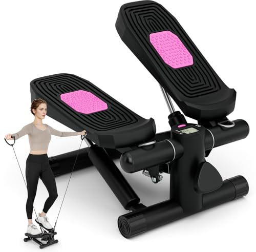GYMAX Mini Stepper für Zuhause, Up-Down Stepper mit Power Ropes, LCD-Monitor & 5-stufige höhenverstellbare Pedale, Trainingsgerät bis 100kg, Fitnessgeräte für Zuhause