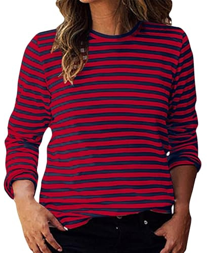 Generico Camicia Donna Elegante Manica Lunga T Shirt Curvy Girocollo Cotone Camicia Sciolto a Righe Blusa Larga Invernale Top Sportiva Sottogiacca Vita Quotidiana Tshirt