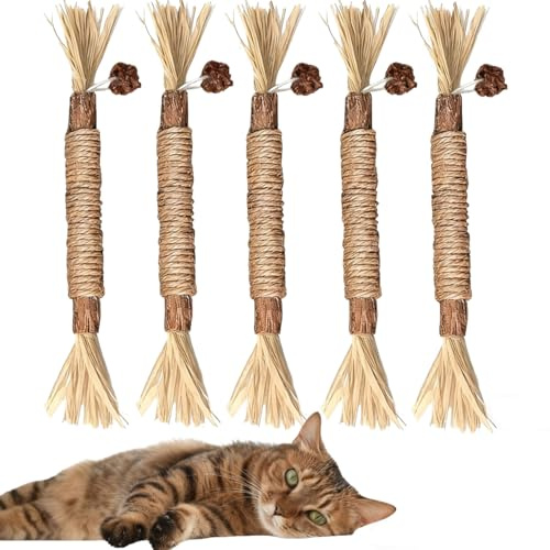 LauCentral 5 PCS Natural Matatabi Silvervine Chew Sticks, Natural Dental Interactive Catnip Toys for Indoor Cats & Kittens, Suitable for Teething and Stress Relief