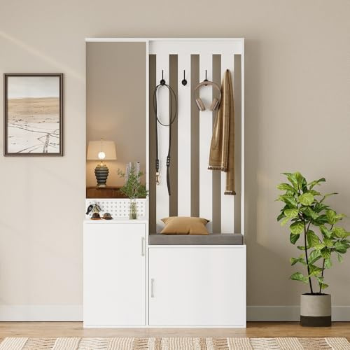belupai Vestiaire D'entrée avec Miroir, Meuble d'Entrée avec Banc et étagère à Chaussures,Porte-Manteau avec 4 Crochets Suspendus et Espace de Rangement,Ensemble de Vestiaire avec Miroir,100x40x180cm