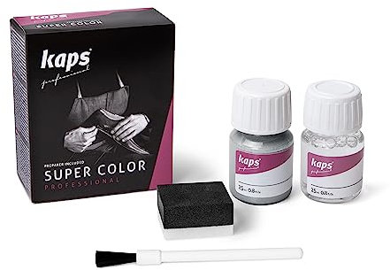 Kaps Tinta Super Color + Preparatore (25 ml ognuno), Colorante Professionale per Pelle Naturale, Tela, Ecopelle, Nutre e Ripara le Scarpe in Pelle (403 - Argento Brillante)
