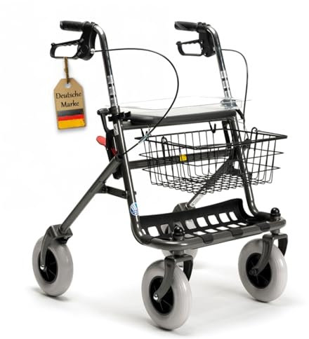 FabaCare Rollator mit Vollausstattung, Gehhilfe faltbar, Standardrollator, Korb, Sitz, Tablett, Farbe Carbon