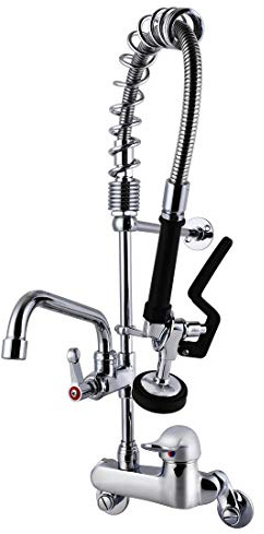 POUGEO Gastro Wasserhahn Gastronomie Küchenarmatur I 4-8zoll Zweiloch Wandmontage I Singlegriff Schalten | Gastro Handbrause mit Zubehör | 12 Zoll Schwenkauslauf | Gastro Küchenarmatur 47zoll Höhe