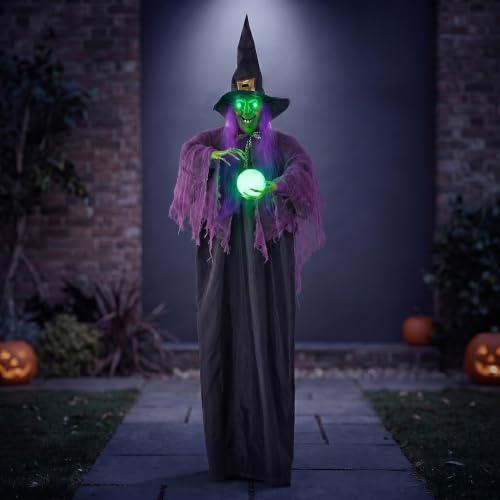 Hängande animerad pratande häxa, dekoration med lysande ögon och ljudaktiveringsfunktion för halloween, hemsökt hus, rekvisita, dekor, halloween, hängande dekorationer, utomhus/inomhus, för gräsmatta,