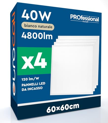 4 Pannelli LED Quadrati 60x60 40W da Incasso con Driver Philips 4800 lumen - Luce Bianca Naturale 4000K - Alta Luminosità Plafoniera Ufficio 120 lm/W Lampada da Soffitto per Controsoffitti Modulari