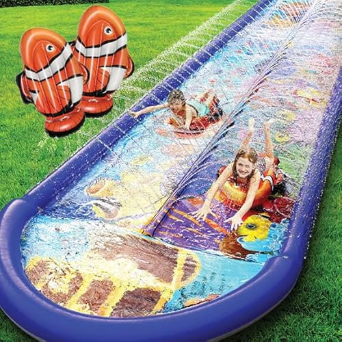 stargo Unterwasser-Doppelrutsche - 5,5 m x 1,5 m Rutsche mit Spritzschutz und Sprinkler, Wasserrutsche mit aufblasbaren Bodyboards - Wasserspaß für Kinder