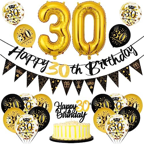 Décoration Anniversaire 30 Ans - Kit Ballon Guirlande Noir et Or - Bannière Joyeux Anniversaire - Fête Décorations pour Homme Femme