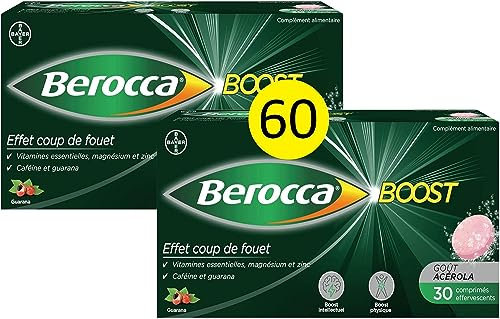 Berocca® Boost - Effet coup de fouet - Aide à réduire la fatigue -Vitamine B12, Guarana, Caféine, Vitamine C et Magnésium, Goût Acérola - Complément Alimentaire - 2x30 cp effervescents