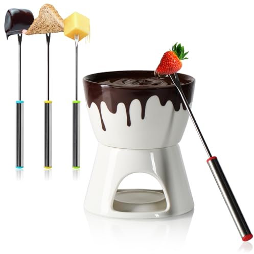 com-four® Schokoladenfondue-Set - Schmelztopf für Schokolade und Käse - Keramikschale mit Teelichthalter und 4 Gabeln - Schmelztiegel - Dessert-Dipschale für 4 Personen - Schmelzgefäß (weiß/braun)