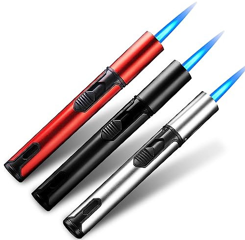 Aicharynic 3 Stück Jetflamme Feuerzeug, Stabfeuerzeug Gas Nachfüllbar, Sturmfeuerzeug Winddicht Für Küche, Kerzen, Grill, Camping (Verkauft Ohne Butangas)