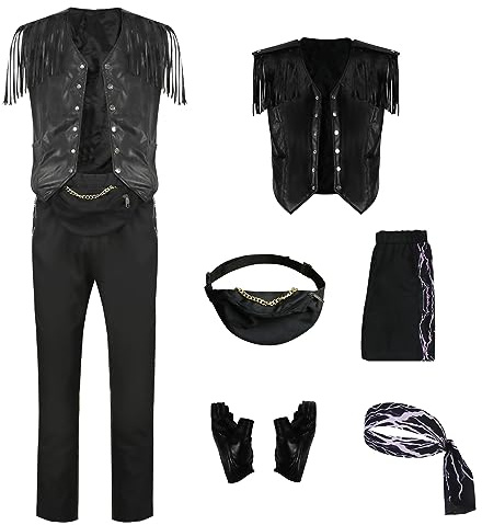 AYYOHON Mens Fringe Leather Vest Cowboy Vest Sleeveless Jacket Pants Bandana Gloves Fanny Pack Set Adult Tassel Outwear Suit M
