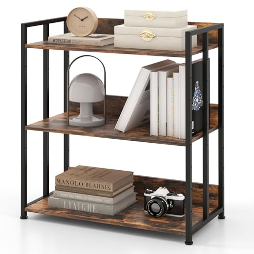 CASART 3/5-Tier Storage Shelf, Industrial Bookshelf Wooden Shelving Unit with Adjustable Shelf & Metal Frame, Home Office Display Storage Unit (Rustic Brown, 3-Tier: 70 x 35 x 81cm)