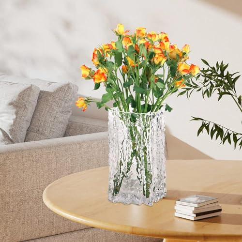 QEEYON Klar kristallvas – stor förtjockad ribbad glasvas för blommor – 20 cm hög