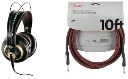 AKG K240 Studio Professional Semi-Open, Over-Ear Headphones, High Performance design & Fender 990820061 Professional Series Instrument Cable – 10 ft – STR/STR – Red Tweed