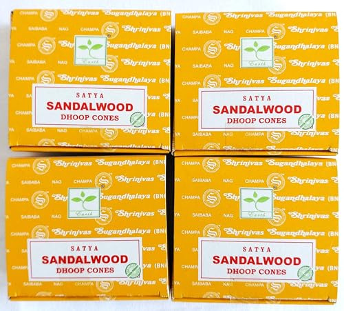 Satya Nag Champa Incense Cones, Sandalwood Scent, 4 Packs of 12 Cones in each pack (4, Sandalwood)