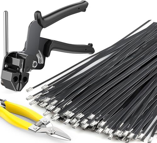 Metal Zip Ties Black,With Special Fastening And Cutting Tools,150 Pcs 11.8 Inch,Multi-Purpose Stainless Steel Cable Ties, Suitable For Agricultural Fencing, Garden Chain Link Fence Fixing, Pipe Tying.