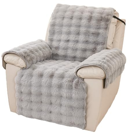 NUODWELL Recliner Chair Cover, Super Soft Faux Fur Armchair Slipcover | Thick Rabbit Plush, Non Slip Washable Furniture Protector Cover with Tightening Straps for Kids and Pets (Light Grey)