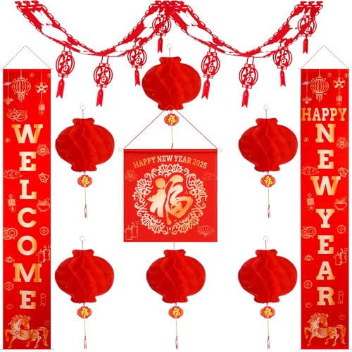 ULELE Decorazioni per Capodanno cinese 2025, Ghirlande Fortune Fu Zi da appendere Decorazioni cinesi Capodanno lunare Couplets Chunlian Set 10 Pollici Lanterne di Carta Rossa Cinese per Decorazioni