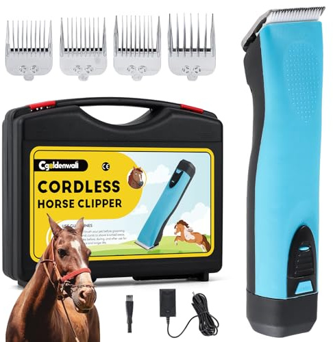CGOLDENWALL Horse Grooming Clipper Cordless, 1400mAh Li-Ion Battery for 90min Duration & 3.5m Cable for Corded/Cordless, 3200-4000rpm 2-Speed Setting, for Dog, Horse, Goat, Cow and Thick Coat Animal