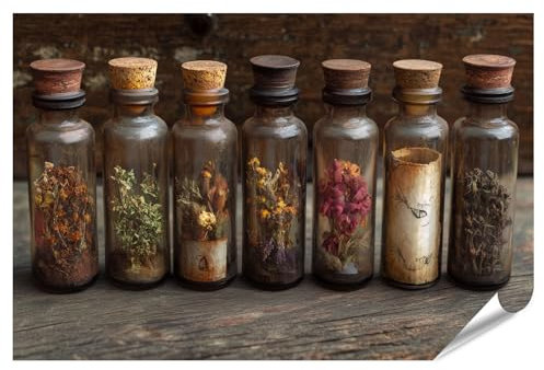 islandburner Poster XXL - Bouteilles de pharmacie anciennes avec fleurs séchées et herbes - Pour la cuisine, les amoureux de la nature, les épiceries - Impression photo de qualité supérieure